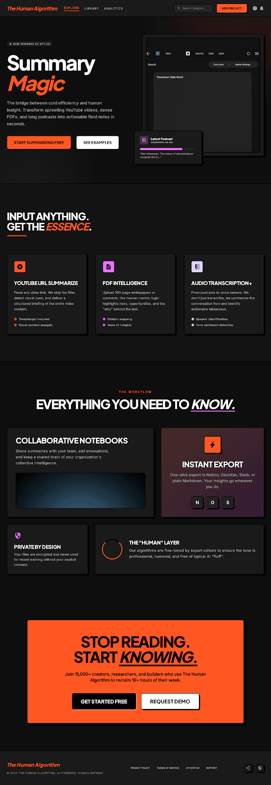 Landing page design preview showing a dark Omnara knowledge workspace interface.